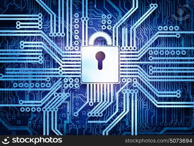 Safety concept. Conceptual digital image of lock on circuit background