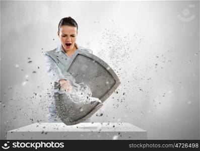 Safety concept. Image of businesswoman crashing with arm shield
