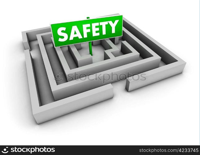 Safety concept with labyrinth and green goal sign on white background.