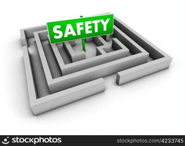 Safety concept with labyrinth and green goal sign on white background.