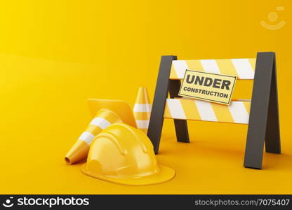 Safety helmet and traffic cone on orange background. Under construction concept. 3d illustration.