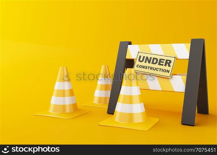 Safety helmet and traffic cone on orange background. Under construction concept. 3d illustration.