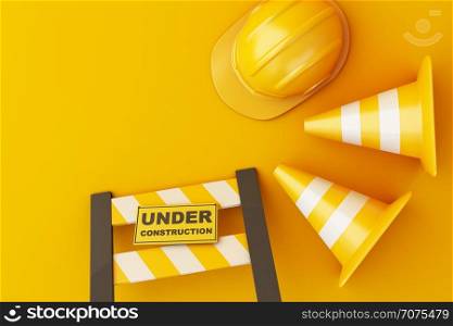 Safety helmet and traffic cone on orange background. Under construction concept. 3d illustration.
