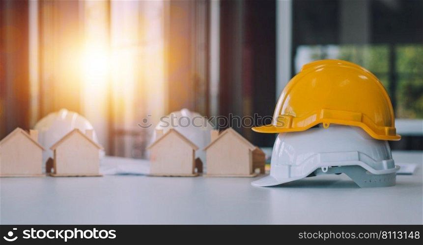 safety helmet hard hat for safety project of engineer workman on table office