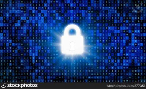 Safety lock for protecting password with 01 or binary numbers on the computer screen on monitor background matrix, Digital data code in security technology concept. 3d abstract illustration