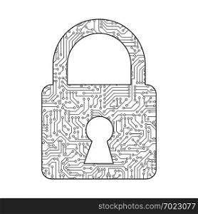 Safety lock icon for protecting password with circuit board pattern texture on white background in digital data code and security technology concept. Abstract illustration
