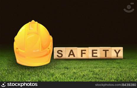 safety on word letters cube, construction concept, Yellow safety hard hat.
