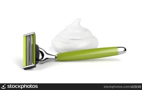 Safety razor and shaving foam on white background