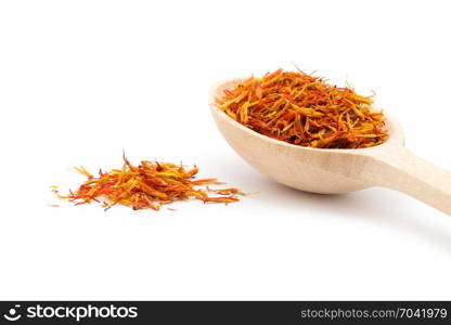 saffron spice in wooden spoon isolation white background