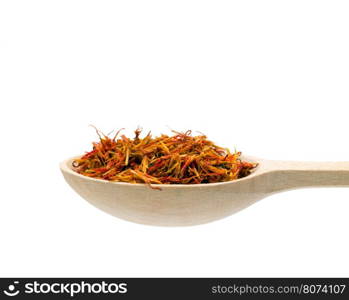 saffron spice in wooden spoon isolation white background