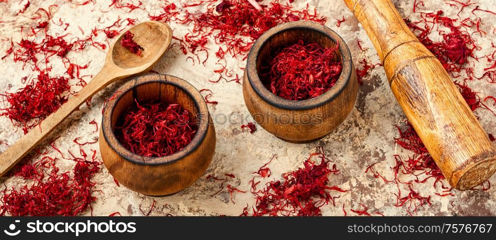 Saffron spice used in food and traditional herbal medicine. Dried saffron spice