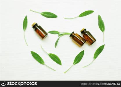 Sage essential oil with sage leaves on white blackground.. Natural sage essential oil with sage leaves on white blackground.