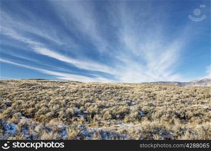 sagebrush at foothills of Medicine Bow Mountains, North Park near Walden, Colorado, late fall scenery