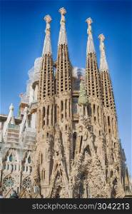 Sagrada Familia in Barcelona, Spain. BARCELONA, SPAIN -MAY 11: Sagrada Familia on MAY 11, 2018: La Sagrada Familia - the impressive cathedral designed by architect Gaudi, which is being build since March 19, 1882 and is not finished.