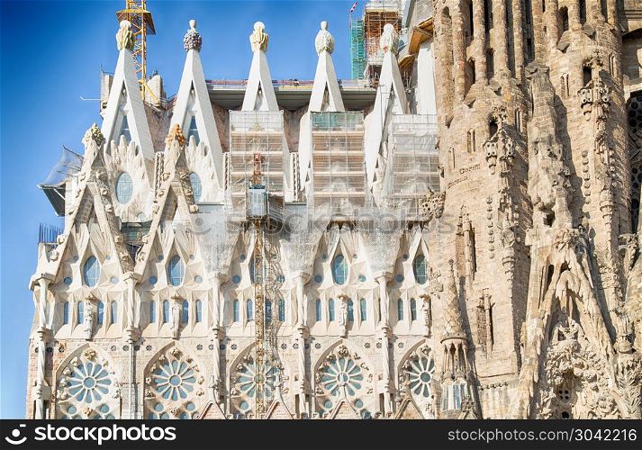 Sagrada Familia in Barcelona, Spain. BARCELONA, SPAIN -MAY 11: Sagrada Familia on MAY 11, 2018: La Sagrada Familia - the impressive cathedral designed by architect Gaudi, which is being build since March 19, 1882 and is not finished.