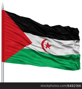 Sahrawi Arab Democratic Republic Flag on Flagpole , Flying in the Wind, Isolated on White Background