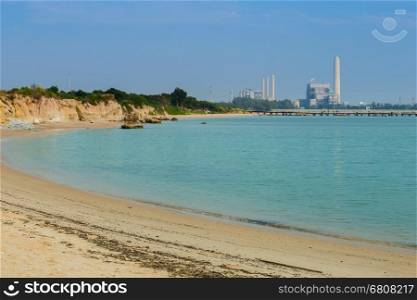 Sai Thong beach and sea with electrical power plant , Rayong, Thailand