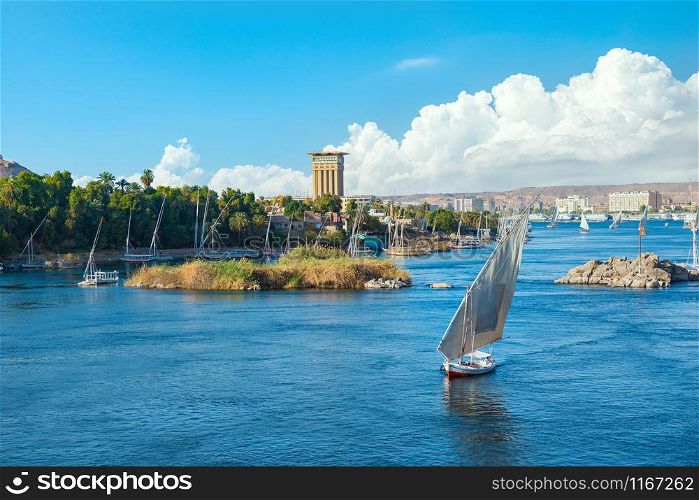 Saiboats in Aswan on river Nile at summer day, Egypt