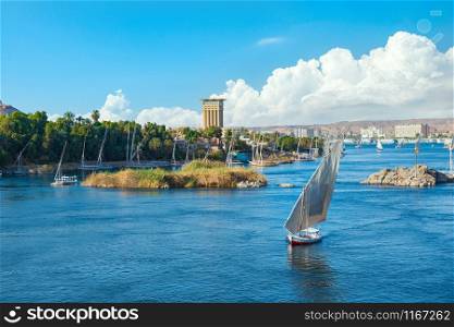 Saiboats in Aswan on river Nile at summer day, Egypt
