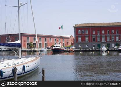 Sailboat docked at a harbor, Porto, Borgo Marinaro, Bay of Naples, Naples, Naples Province, Campania, Italy