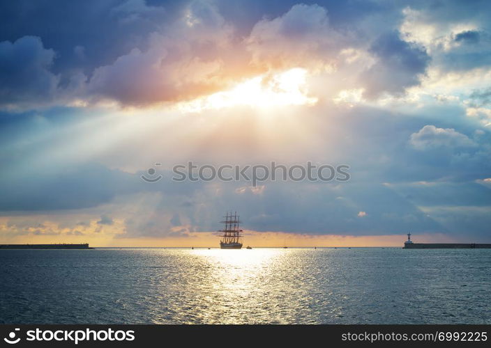 Sailboat in sea. Nature composition.