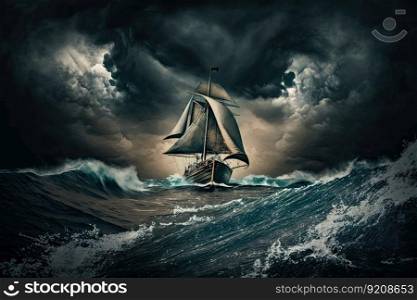 sailboat sailing in storm and rain against background of dark clouds, created with generative ai. sailboat sailing in storm and rain against background of dark clouds