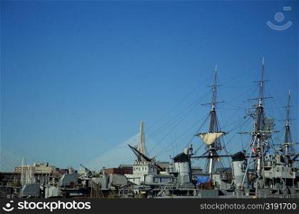 Sailboats at harbor, USS Cassin Young, Boston Harbor, Boston, Massachusetts, USA