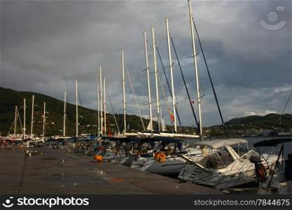 Sailboats in Skopelos town marina on Greek island Skopelos, after the storm