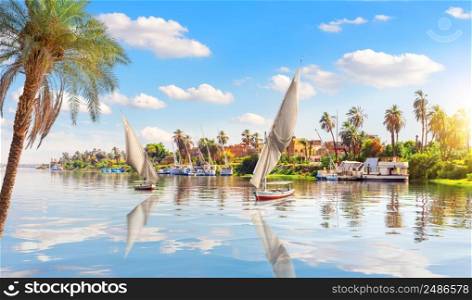 Sailboats in the Nile and the view of Luxor, Egypt.. Sailboats in the Nile and the view of Luxor, Egypt