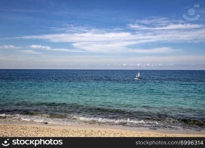 Sailboats sailing along the Atlantic coast, Cuba