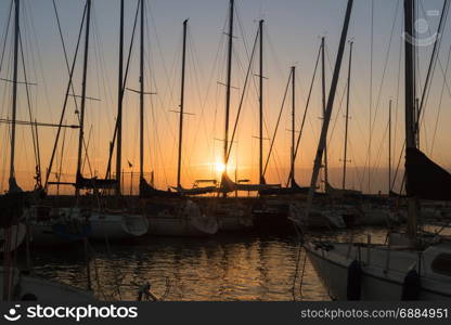 Sailing Boat&rsquo;s Masts: Dock Seaside at Sunset