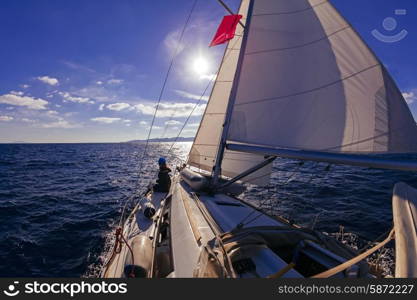 Sailing boat wide angle view in the sea at sunset, instagram toning&#xA;