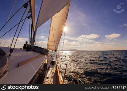 Sailing boat wide angle view in the sea, instagram toning&#xA;