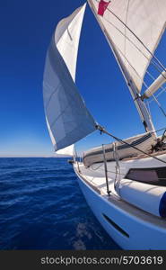 Sailing boat wide angle view in the sea&#xA;