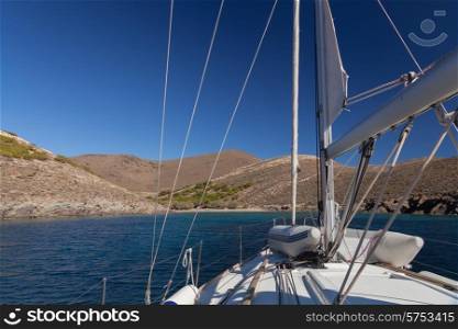 Sailing boat wide angle view near greece island&#xA;