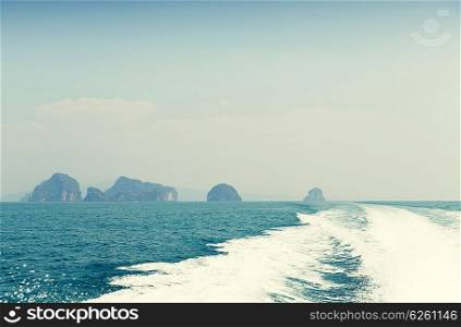 sailing, leisure, travel and tourism concept - ocean view from board of sailing boat or yacht