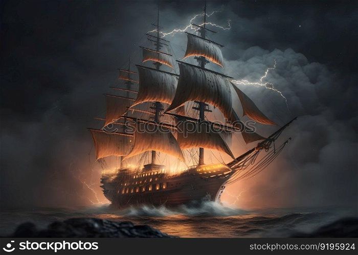 Sailing old ship in storm sea on the background clouds with lightning. Neural network AI generated art. Sailing old ship in storm sea on the background clouds with lightning. Neural network AI generated