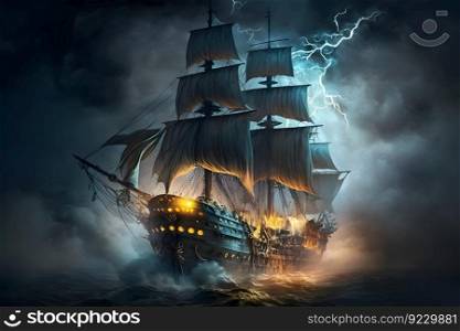 Sailing old ship in storm sea on the background clouds with lightning. Neural network AI generated art. Sailing old ship in storm sea on the background clouds with lightning. Neural network AI generated
