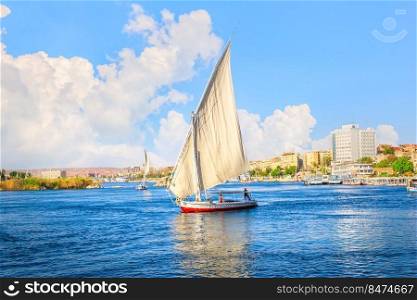 Sailing on sailboats in Aswan at sunny day