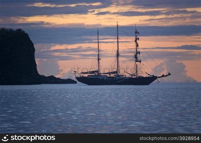 Sailing ship near Espanola Island in the Galapagos Islands, Ecuador.