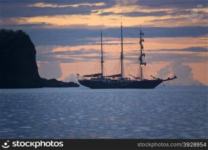 Sailing ship near Espanola Island in the Galapagos Islands, Ecuador.