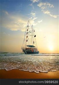 Sailing ship on the waves of Indian ocean. Ship in the ocean