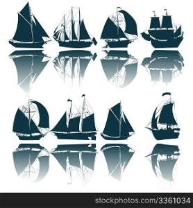 Sailing ship silhouettes collection over white background