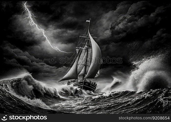 sailing yacht against backdrop of raging sea in middle of storm, created with generative ai. sailing yacht against backdrop of raging sea in middle of storm