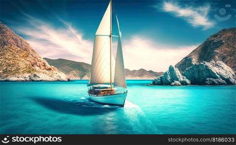 Sailing Yacht in paradise turquoise waters. Tropical sea landscape with boat. Generative AI.. Sailing Yacht in paradise turquoise waters. Tropical sea landscape with boat. Generative AI
