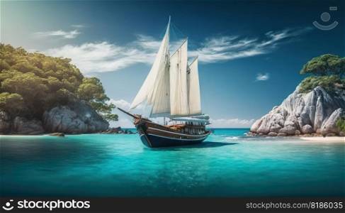 Sailing Yacht in paradise turquoise waters. Tropical sea landscape with boat. Generative AI.. Sailing Yacht in paradise turquoise waters. Tropical sea landscape with boat. Generative AI