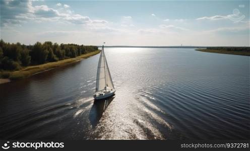 Sailing yacht, sailboat sails on the sea in the morning sun, aerial view landscape. Marine tourism, family vacation, travel, leisure.  AI generated.. Sailing yacht sails on the sea in the morning sun. Marine tourism. AI generated.