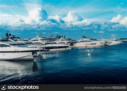 Sailing yachts and private boats at pier in Sochi seaport. yachts in the Bay at the seaport in Sochi city center. RUSSIA