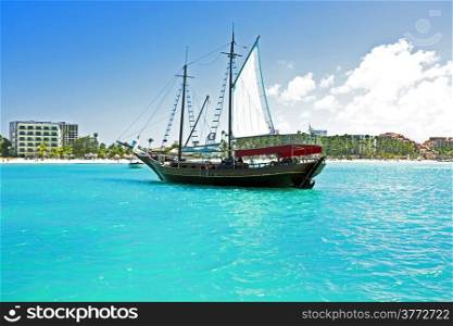 Sailingboat anchoring in the Caribbean