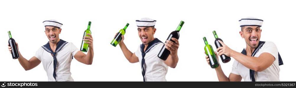 Sailor isolated with wine bottle
